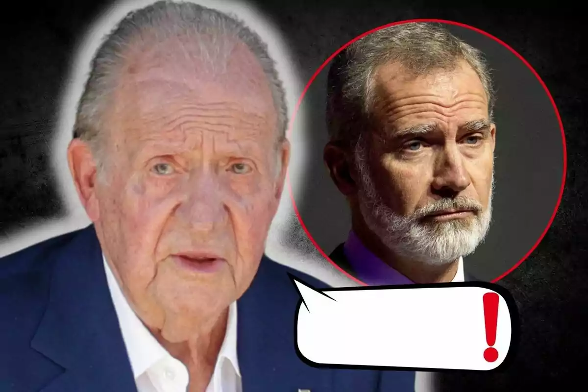 Joan Carles I i Felip VI, un en primer pla amb expressió seriosa i l'altre en un cercle vermell al fons, amb un globus de diàleg buit i un signe d'exclamació vermell.