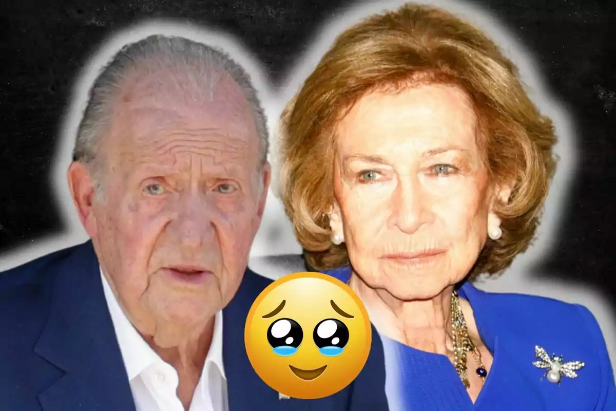 Joan Carles I i la reina Sofia amb expressió seriosa i un emoji de carona plorant al centre