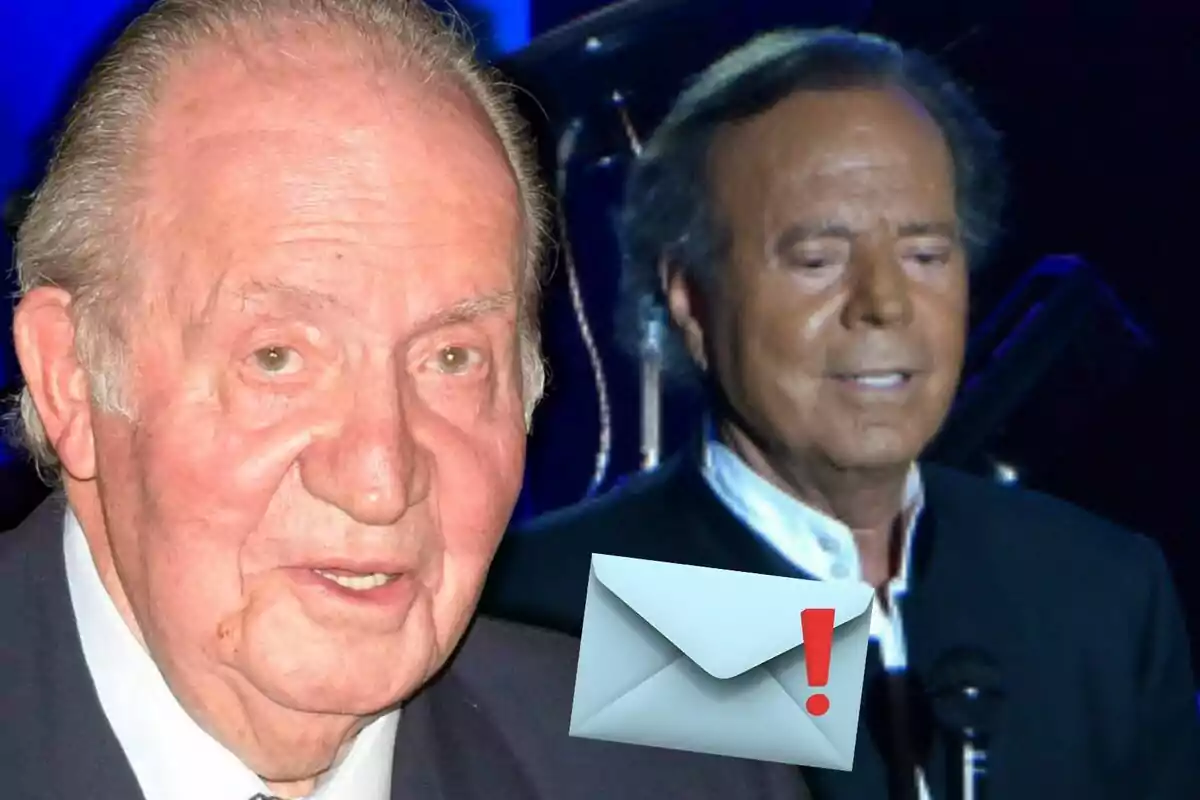 Joan Carles I i Julio Iglesias apareixen a la imatge, un en primer pla i l’altre al fons, al costat d’un sobre blau amb un signe d’exclamació vermell.