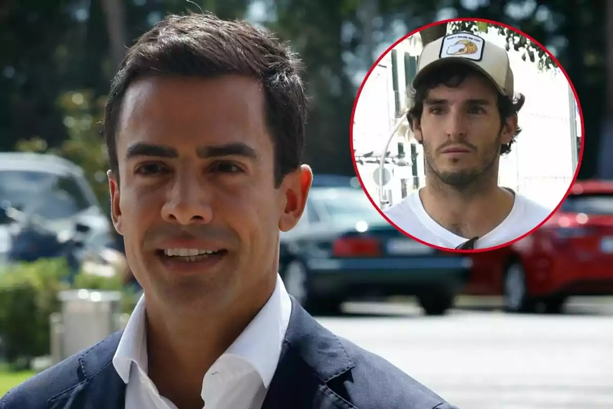 Juan Gonzalo Ospina amb camisa blanca i sac blau fosc somrient a l'aire lliure, amb un requadre circular a la cantonada superior dreta que mostra Íñigo Onieva amb gorra i samarreta blanca.