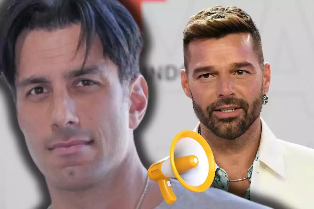 Jwan Yosef i Ricky Martin en primer pla amb un megàfon groc i blanc al centre de la imatge