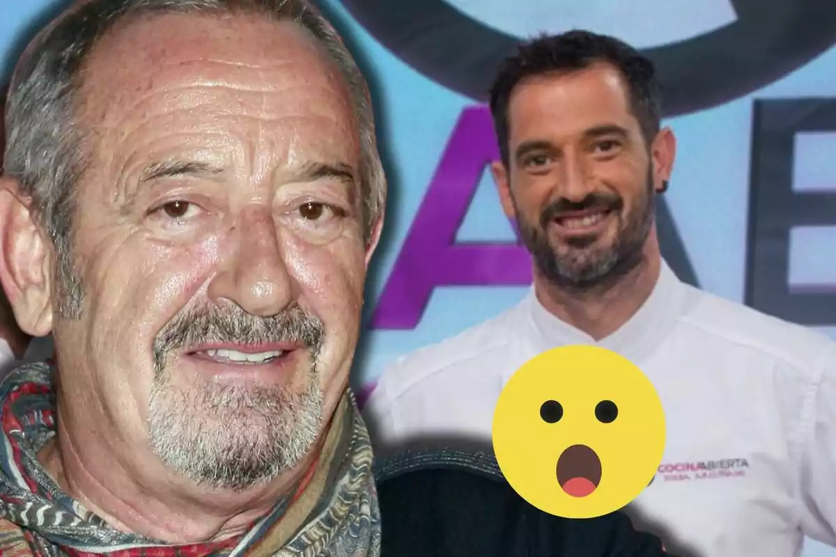 Karlos i Joseba Arguiñano posen davant de la càmera, un d’ells porta una jaqueta de xef i hi ha un emoji de cara sorpresa superposat a la imatge.