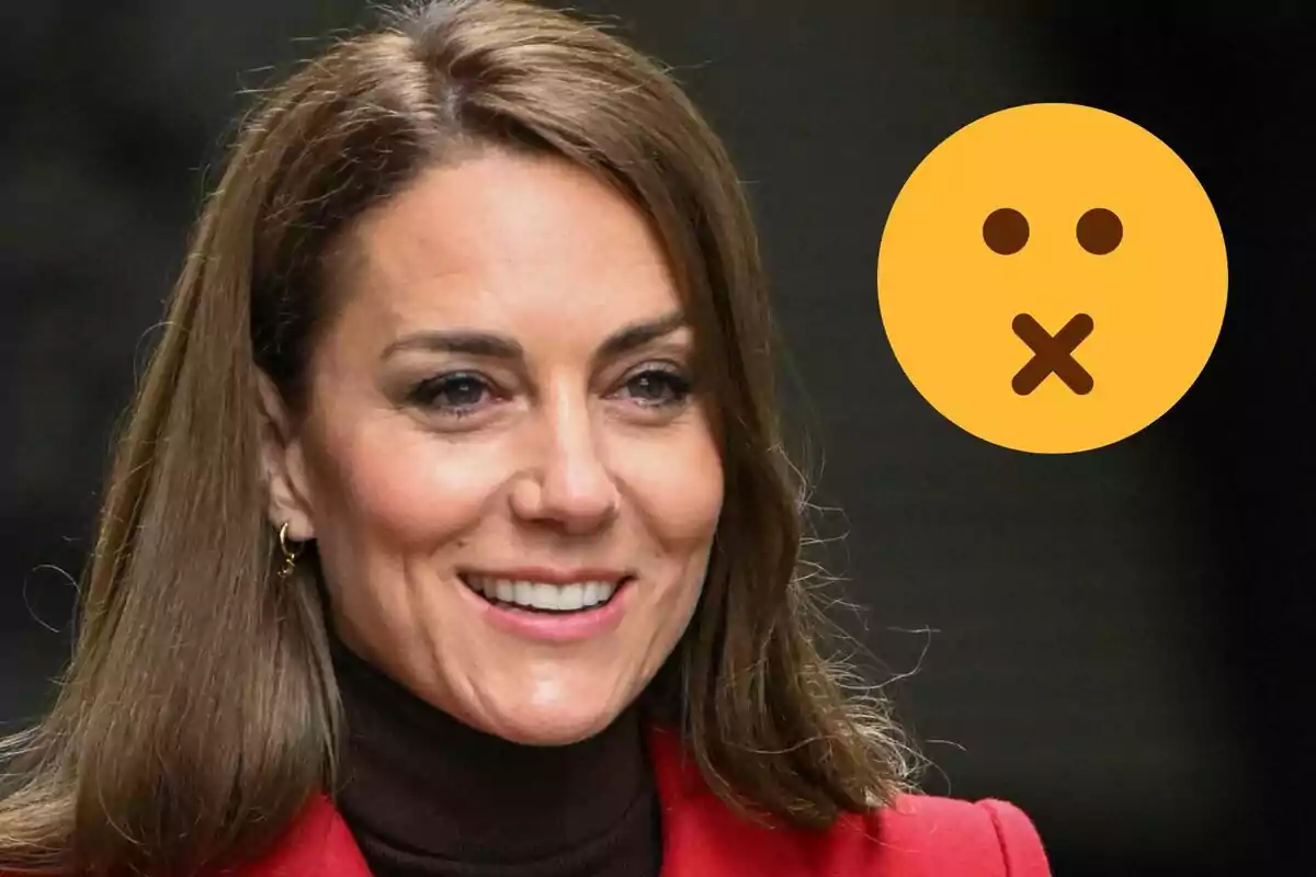 Kate Middleton smiling with a shushing emoji overlay.