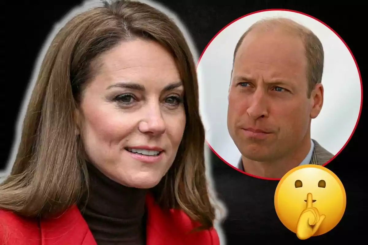 Kate Middleton amb abric vermell en primer pla, al fons un cercle amb la cara del príncep Guillem i un emoji de silenci