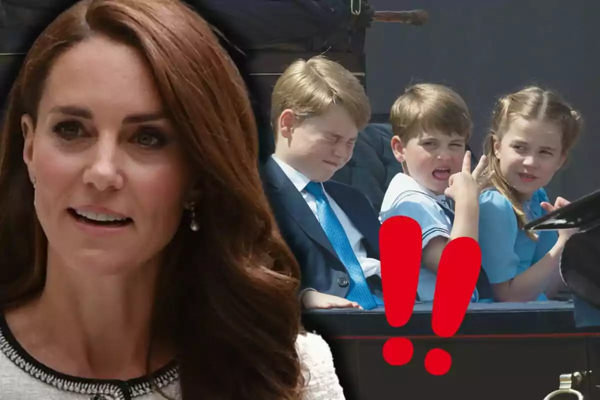 Kate Middleton en primer pla i els prínceps George, Louis i Charlotte en un carruatge al fons amb dos signes d’exclamació vermells superposats