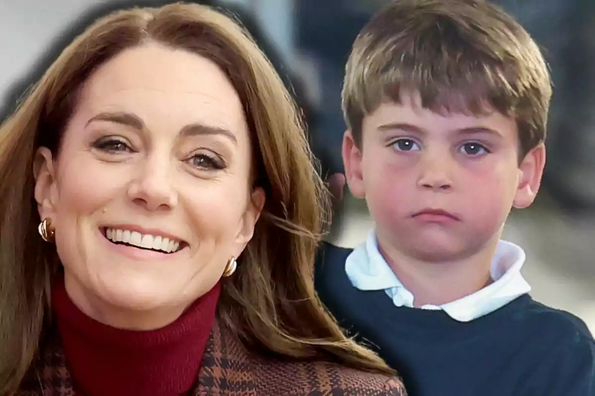 Kate Middleton somrient amb cabell castany i el príncep Louis amb expressió seriosa al fons.