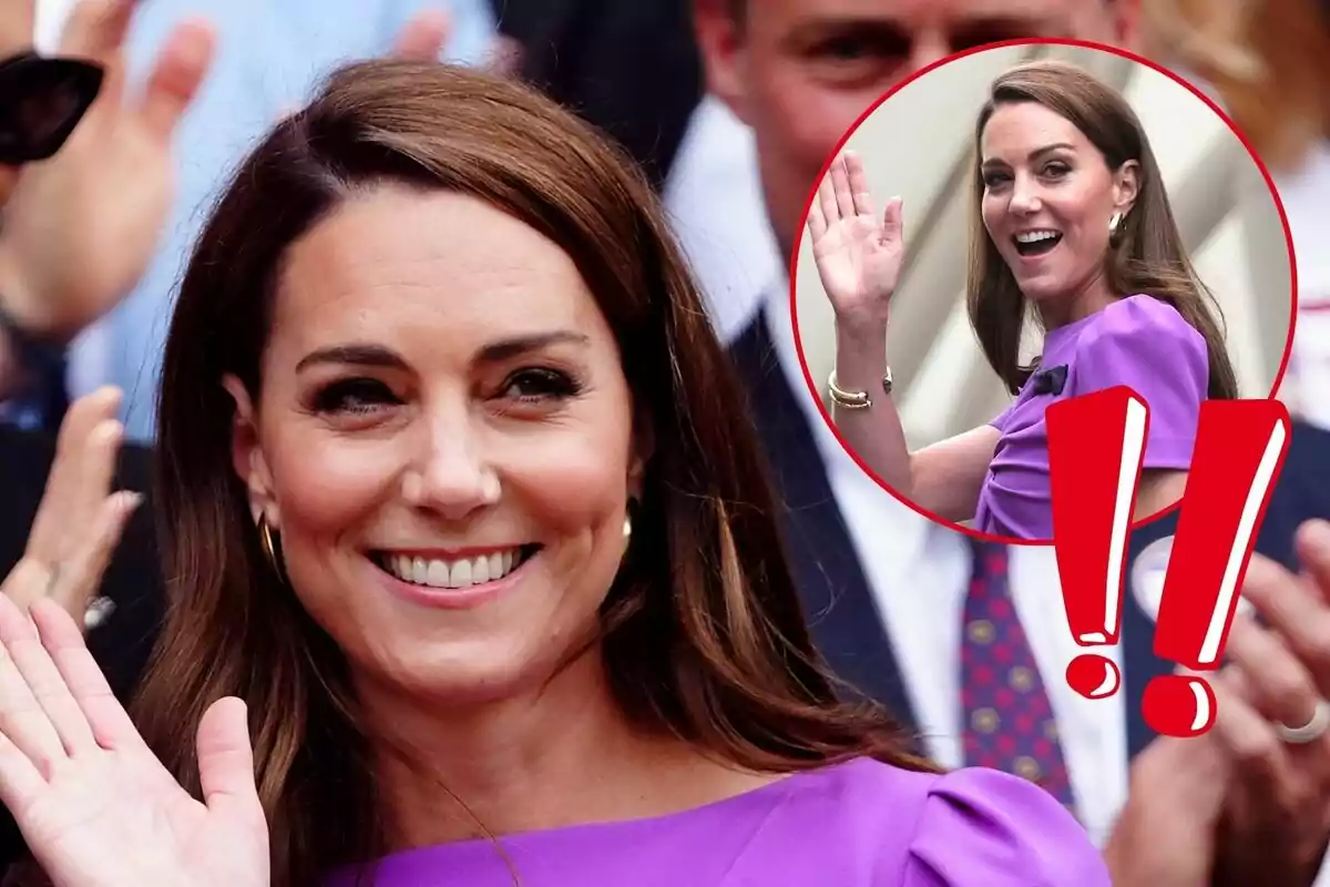 Kate Middleton somrient amb un vestit morat saluda la càmera, amb una imatge inserida en un cercle vermell que mostra Kate en una posició similar, acompanyada de signes d'exclamació vermells.