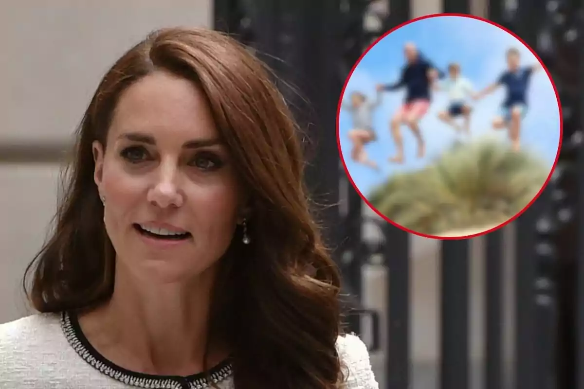 Kate Middleton amb cabells castanys i llargs, amb una expressió facial neutral, està en primer pla. A la cantonada superior dreta de la imatge, hi ha un cercle vermell que conté una foto borrosa del príncep Guillem amb els seus fills saltant a l'aire, aparentment en un entorn a l'aire lliure.