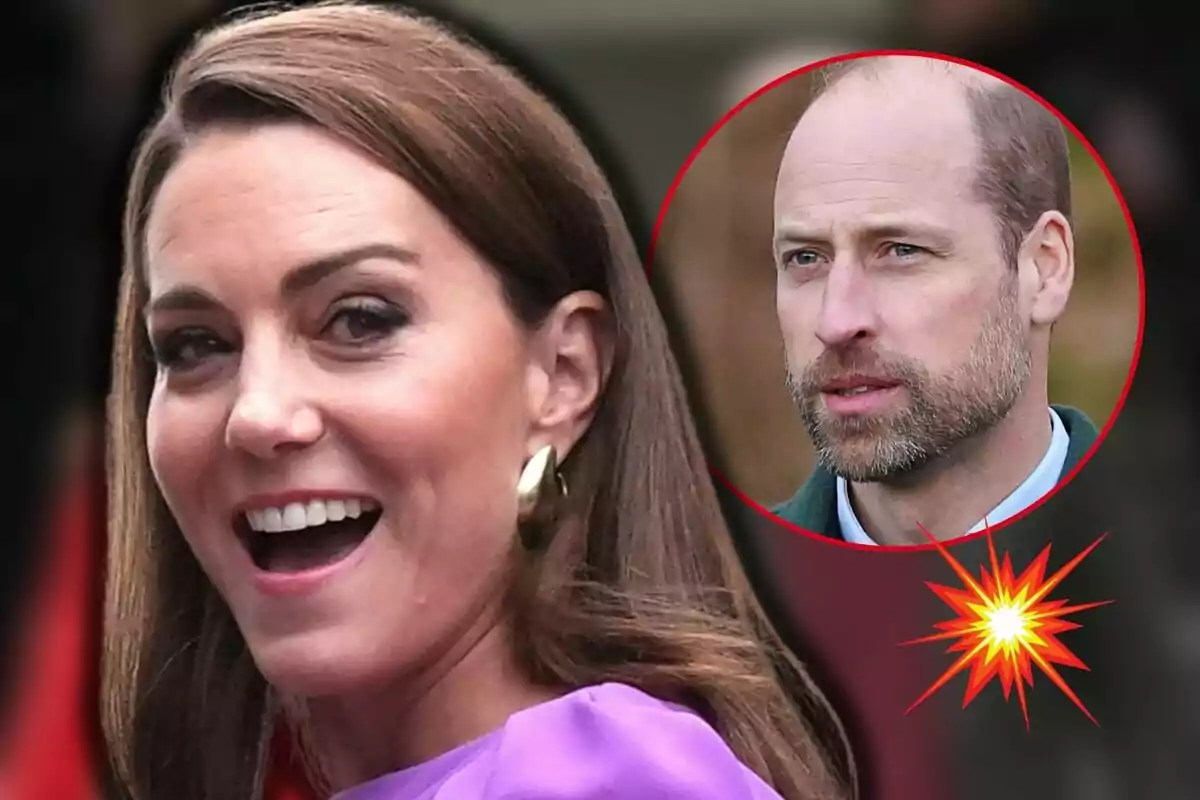 Kate Middleton somrient amb cabell castany i arracades daurades, amb el príncep Guillem en un cercle vermell a la cantonada superior dreta.