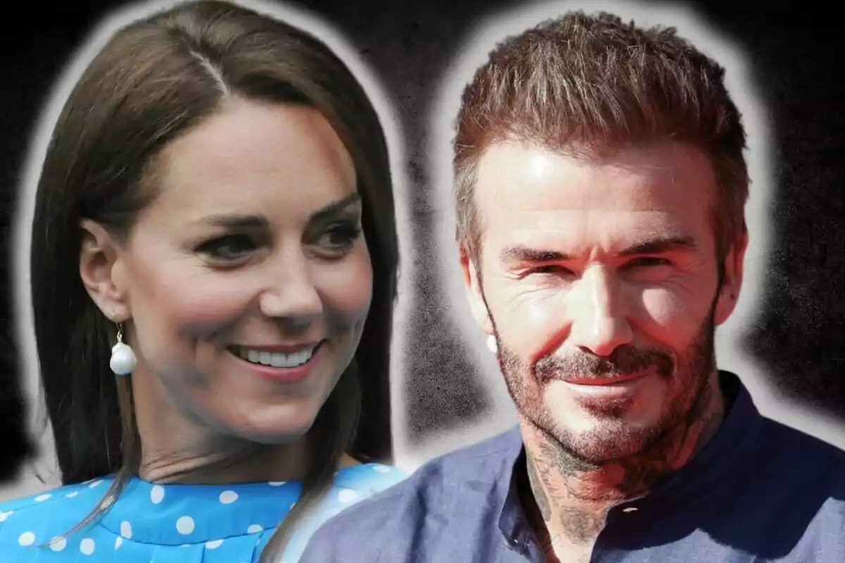 Kate Middleton i David Beckham somrients mirant-se amb un fons fosc.