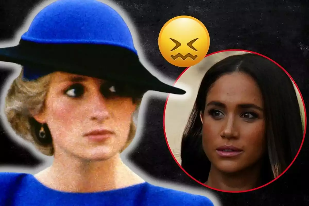Lady Di wearing a blue hat looking to the side and Meghan Markle framed in a red circle with an uncomfortable face emoji between them on a dark background