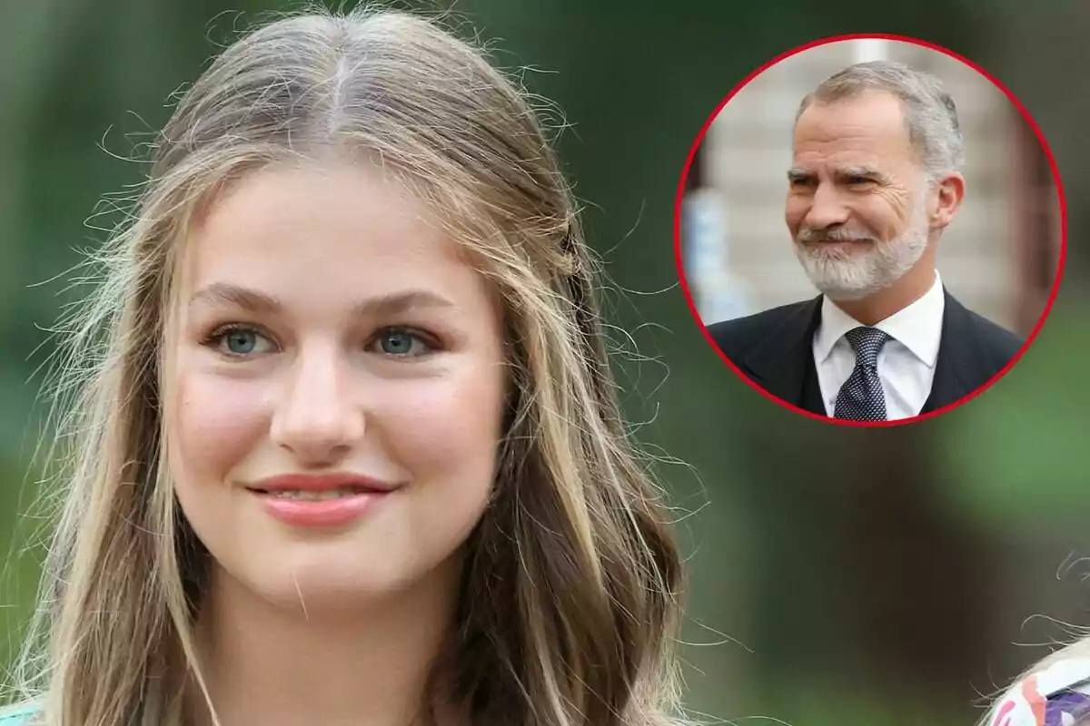 Smiling Leonor with blonde hair and blue eyes in the foreground and Felipe VI with a beard in a red circle in the upper right corner.