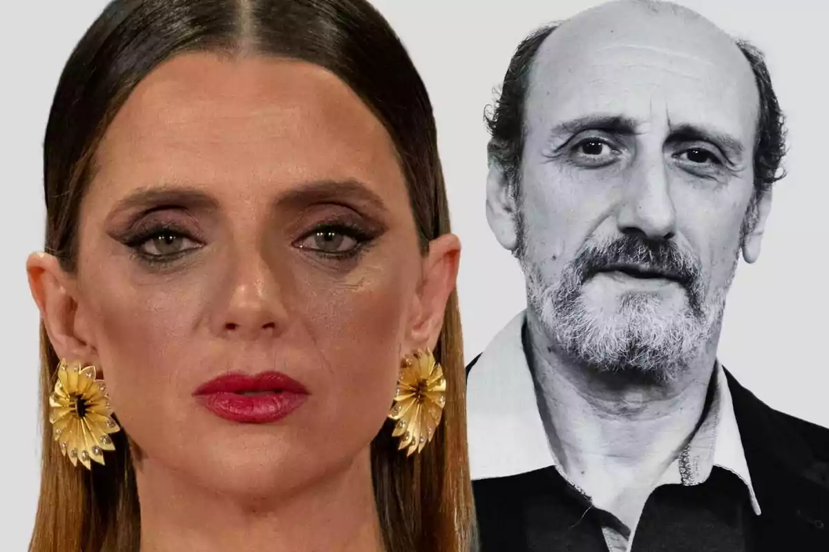 Macarena Gómez i José Luis Gil en un muntatge fotogràfic, una dona amb maquillatge i arracades daurades i un home amb barba en blanc i negre.