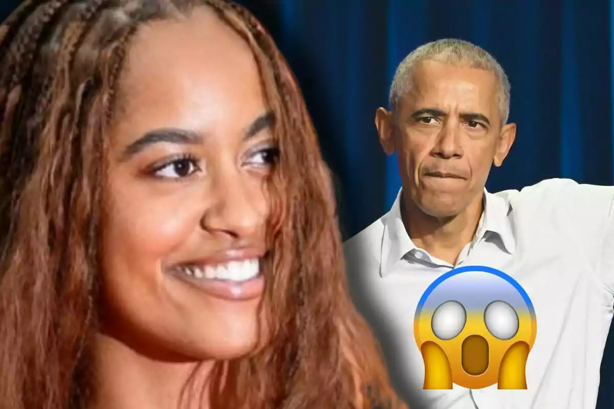 Malia Obama sonriente en primer plano y Barack Obama al fondo con una expresión seria, junto a un emoji sorprendido.