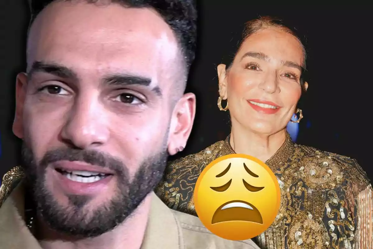 Manuel Cortés i Raquel Bollo somrient amb un emoji de cara amoïnada en primer pla