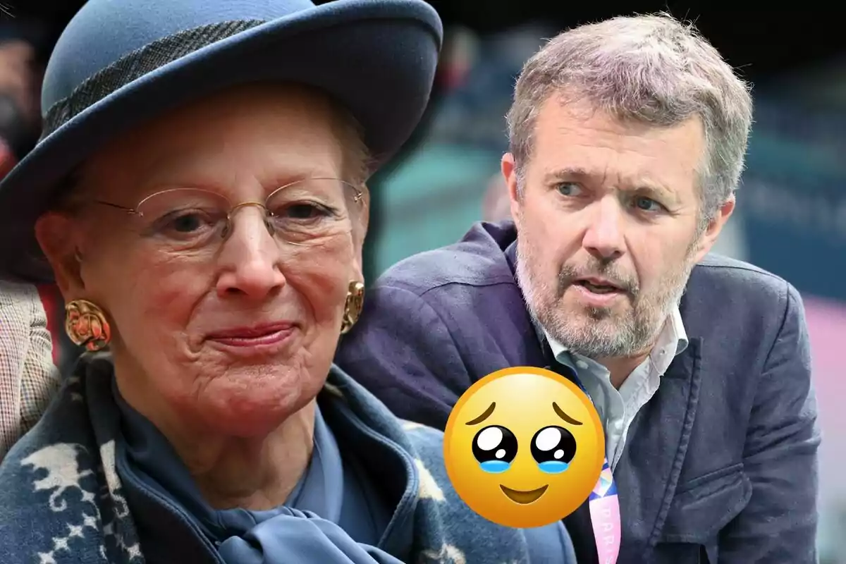 Margarida de Dinamarca amb barret blau i Frederic de Dinamarca mirant-se amb expressió seriosa, al costat d’un emoji de carona amb ulls plorosos
