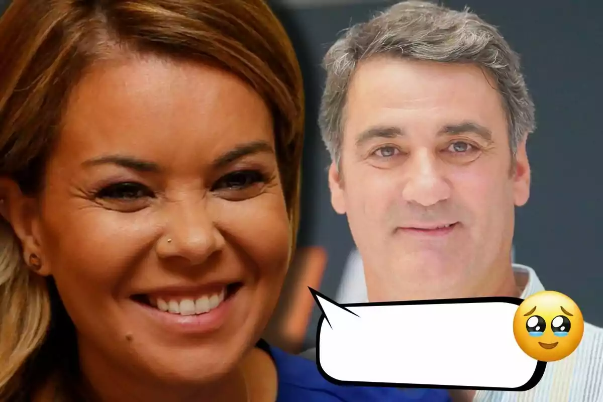 María José Campanario i Jesulín de Ubrique somrients en primer pla amb una bafarada de diàleg buida i un emoji de carona plorant a la cantonada