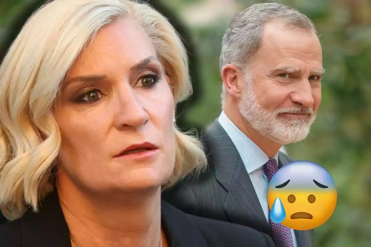 María Zurita i Felip VI en primer pla amb una expressió seriosa i un emoji de cara preocupada.