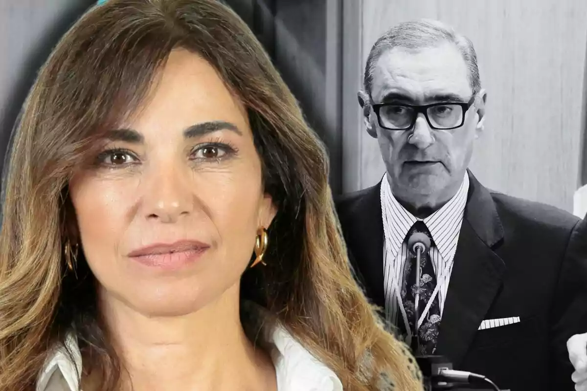 Mariló Montero en primer pla amb cabell castany i Carlos Herrera al fons en blanc i negre amb ulleres i vestit.