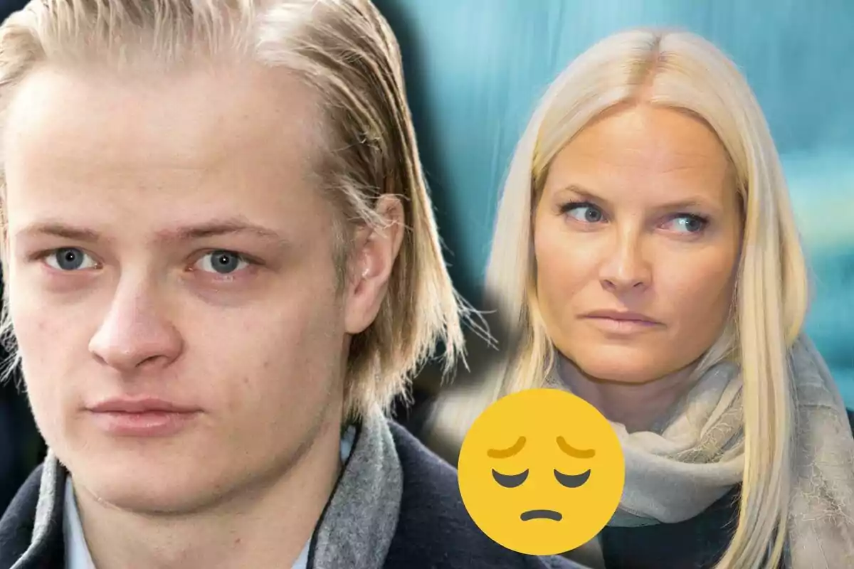 Marius Borg i Mette-Marit amb expressions serioses i un emoji de cara trista superposat.