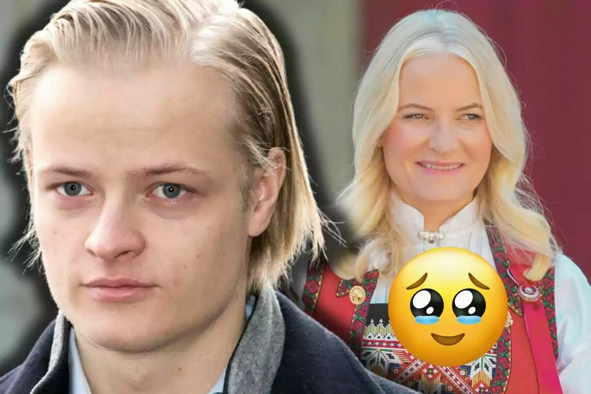 Marius Borg expresión seria en primer plano, y Mette-Marit sonriendo en el fondo, con un emoji de carita emocionada superpuesto.