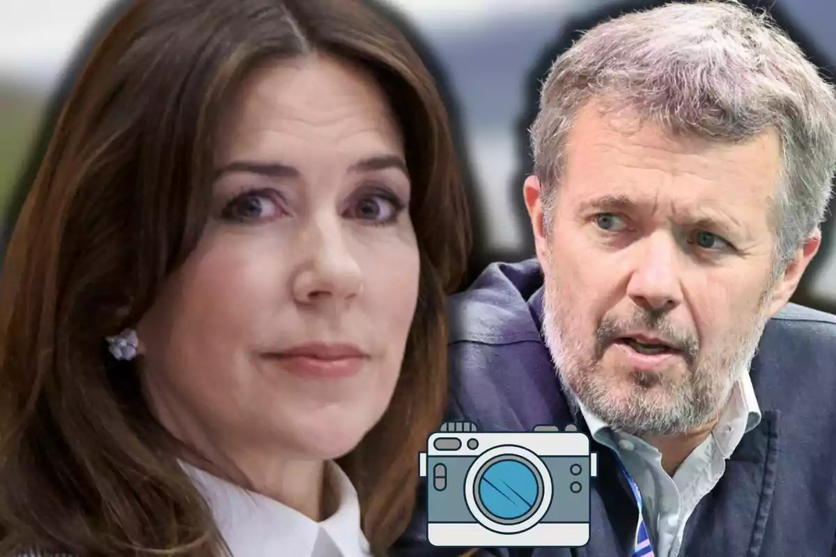 Mary i Frederic de Dinamarca mirant en direccions diferents amb una icona de càmera a la part inferior de la imatge