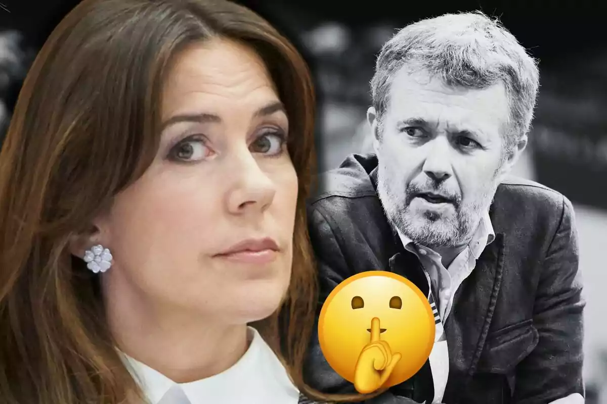 Mary de Dinamarca mira cap endavant amb una expressió seriosa mentre al fons apareix Frederic de Dinamarca en blanc i negre i un emoji de silenci en primer pla.