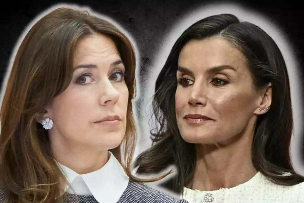 Mary of Denmark and Queen Letizia with serious expressions look in opposite directions against a dark background.