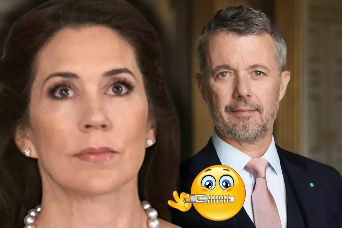 Mary and Frederik of Denmark with serious expressions and a yellow face emoji with a zipper mouth in the foreground