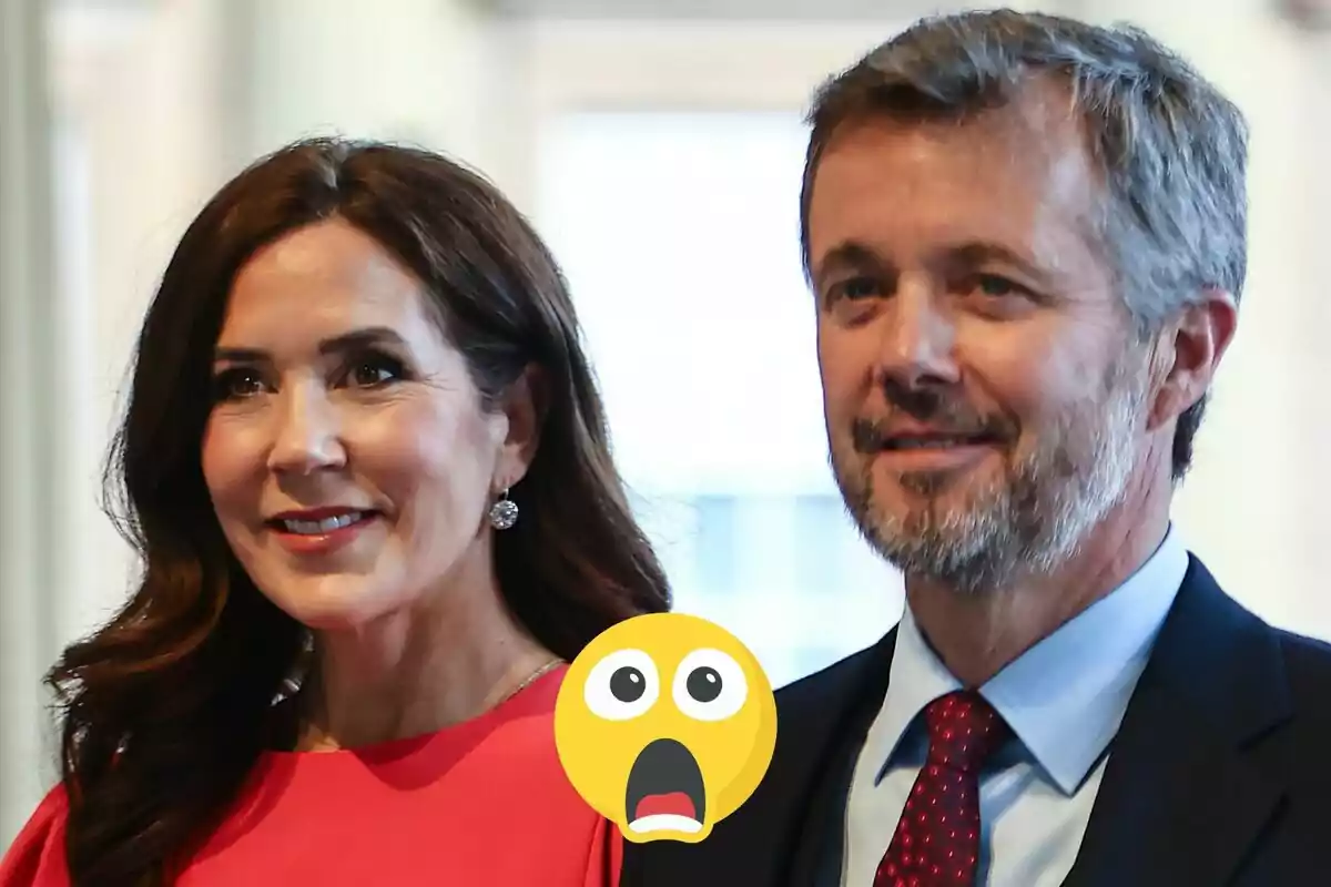 Mary and Frederick of Denmark smiling with a surprised emoji in the foreground.