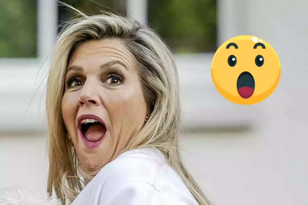 Máxima of the Netherlands with a surprised expression alongside a surprised emoji.