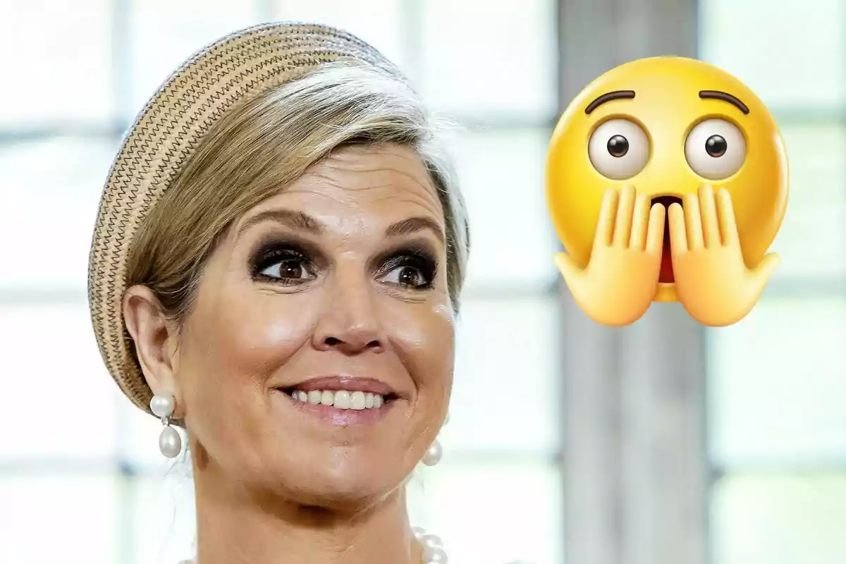 Queen Máxima of the Netherlands smiling with a surprised emoji next to her.