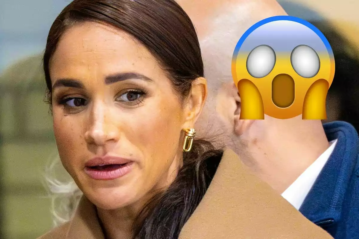 Meghan Markle with gold earrings is in the foreground while a surprise emoji partially covers another person in the background.