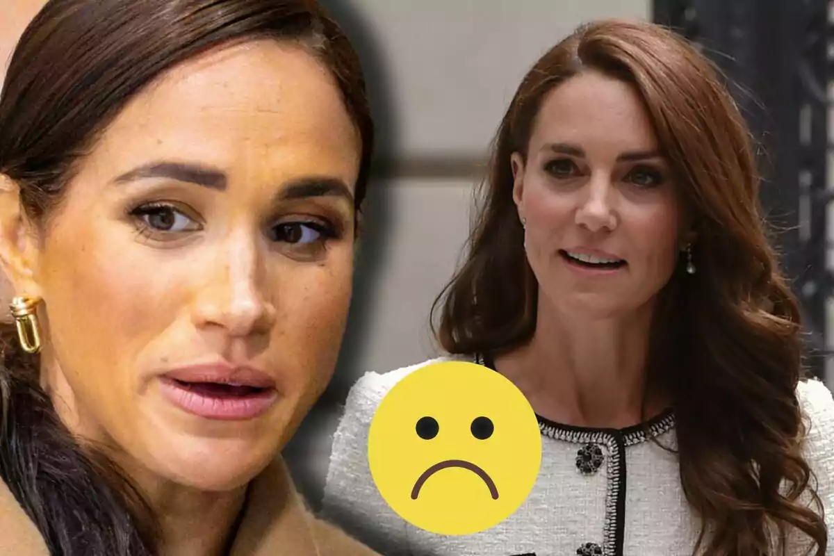 Meghan Markle i Kate Middleton amb expressions serioses i un emoji groc de carona trista al centre