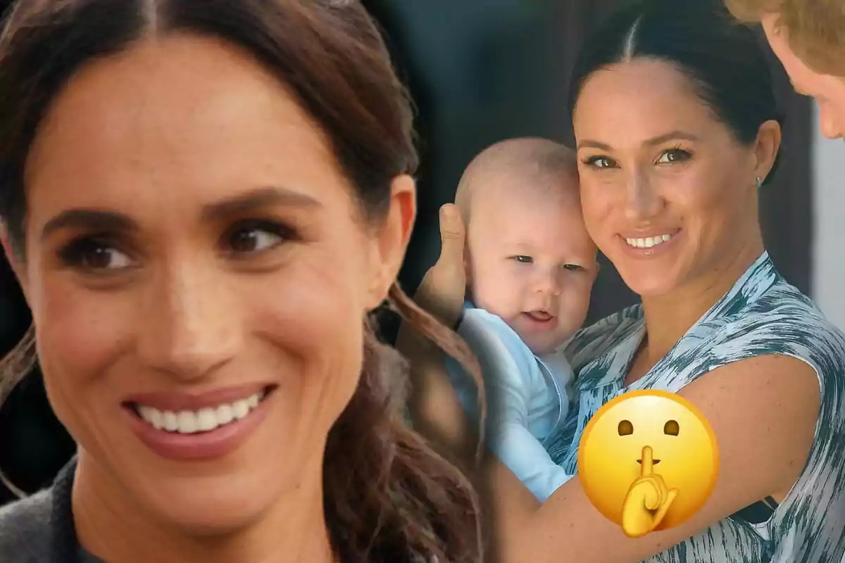 Meghan Markle somrient sosté l'Archie en braços mentre un emoji de silenci cobreix part de la imatge.