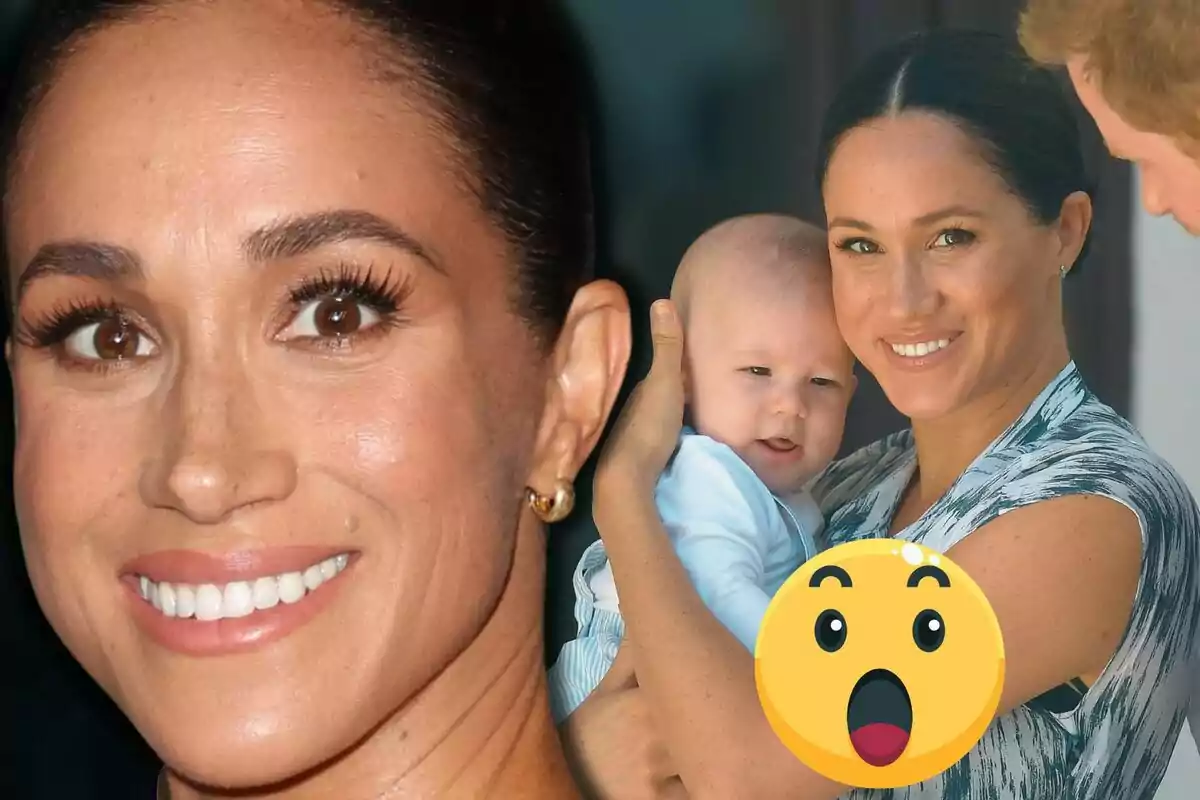 Meghan Markle, smiling, holds a baby in her arms while a man watches them, with a surprised emoji overlaid on the image.