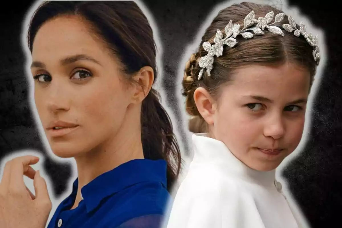 Meghan Markle i la princesa Charlotte mirant en direccions oposades, una dona amb cabell fosc i una nena amb una diadema de fulles platejades.