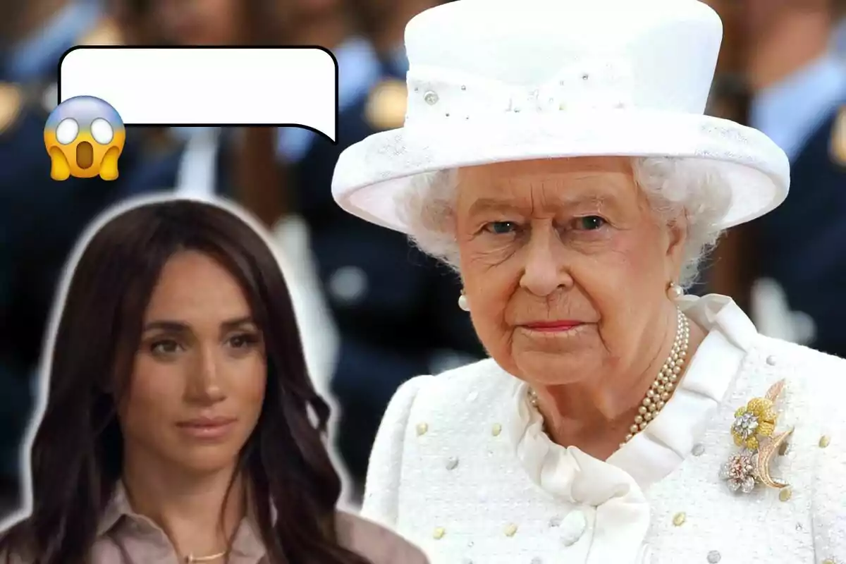 Meghan Markle amb expressió seriosa i un emoji sorprès amb Isabel II vestida de blanc. Meghan Markle amb expressió seriosa i un emoji sorprès amb Isabel II vestida de blanc.