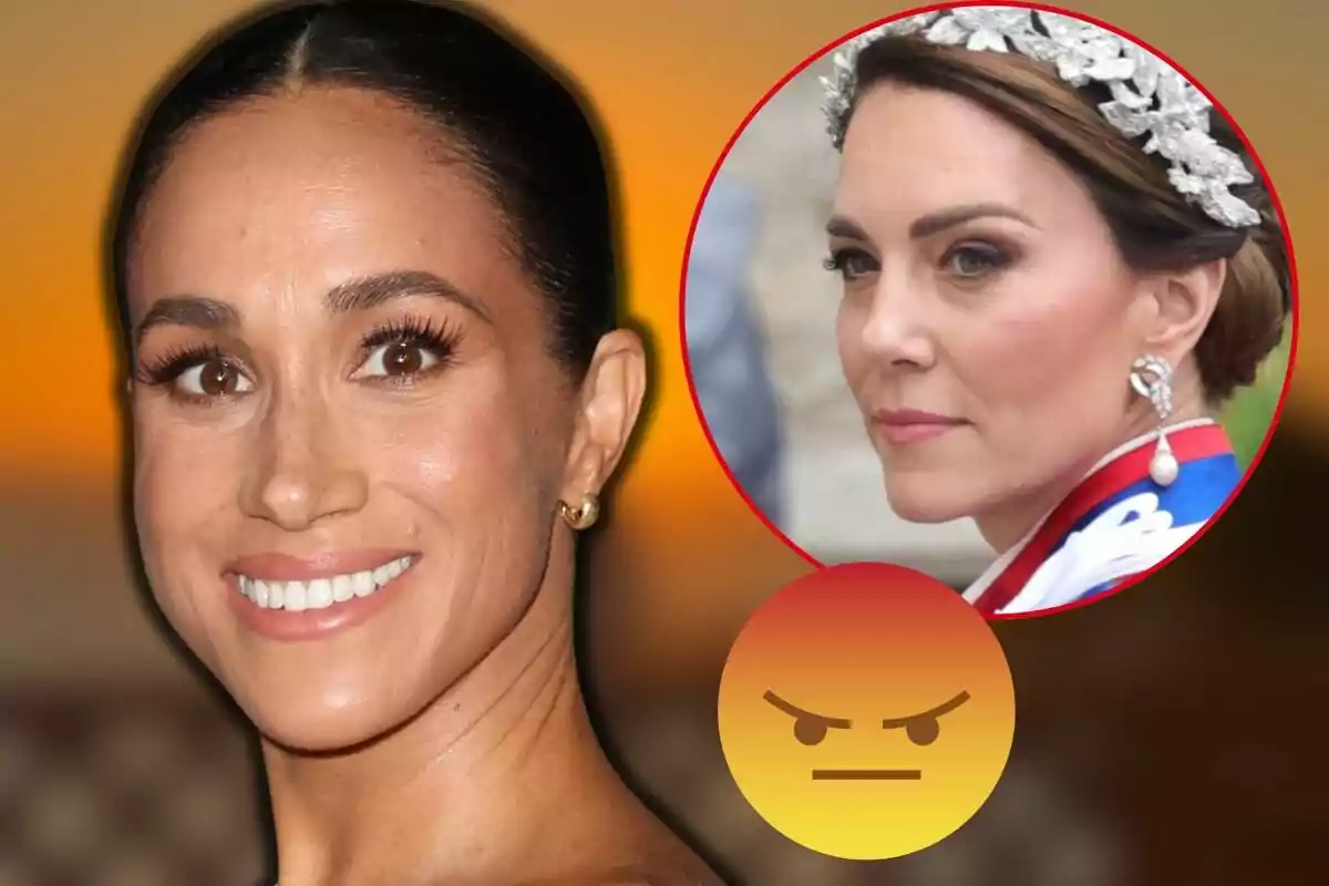 Meghan Markle somrient en primer pla amb Kate Middleton en un cercle vermell a la cantonada superior dreta i un emoji d'enfadament a la part inferior.