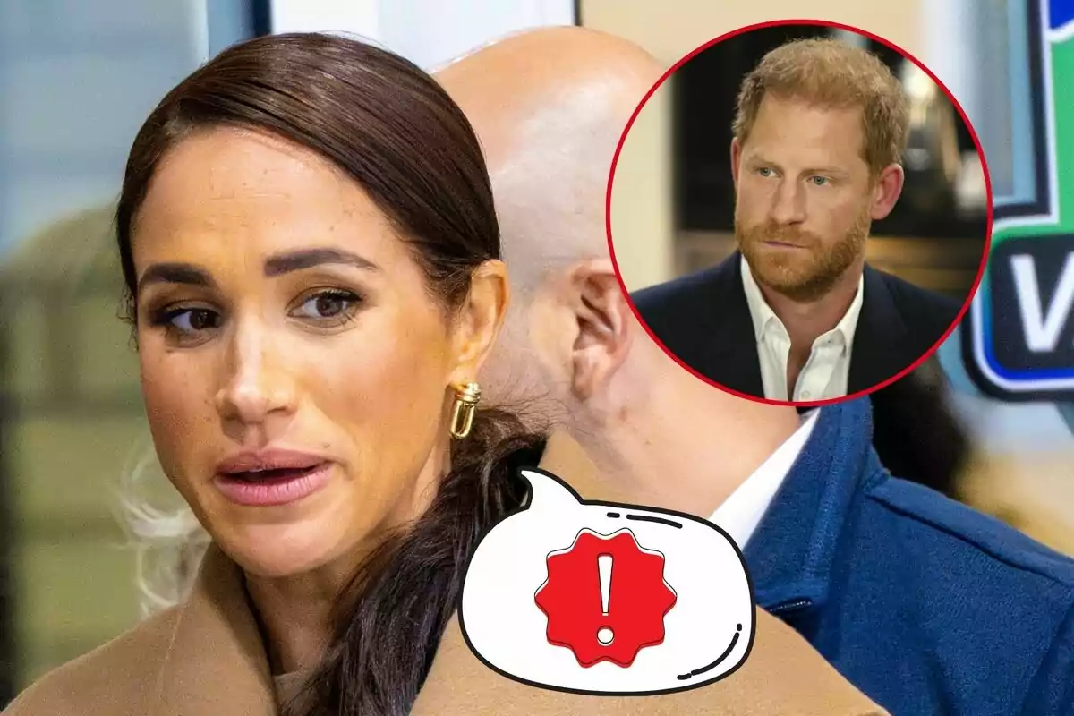 Meghan Markle amb expressió seriosa en primer pla i el príncep Harry en un cercle vermell a la cantonada superior dreta.