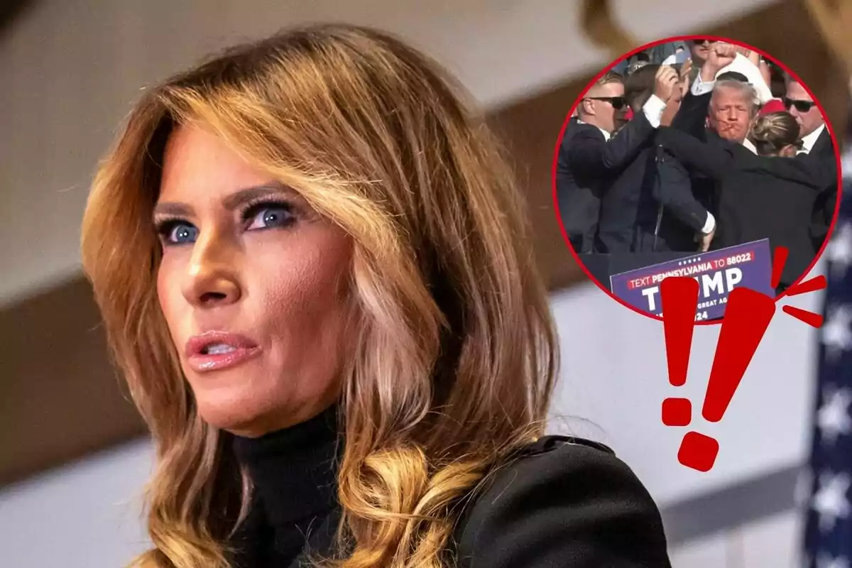 Melania Trump amb expressió seriosa en primer pla, amb una imatge inserida a la cantonada superior dreta que mostra Donald Trump envoltat de persones en un esdeveniment públic.