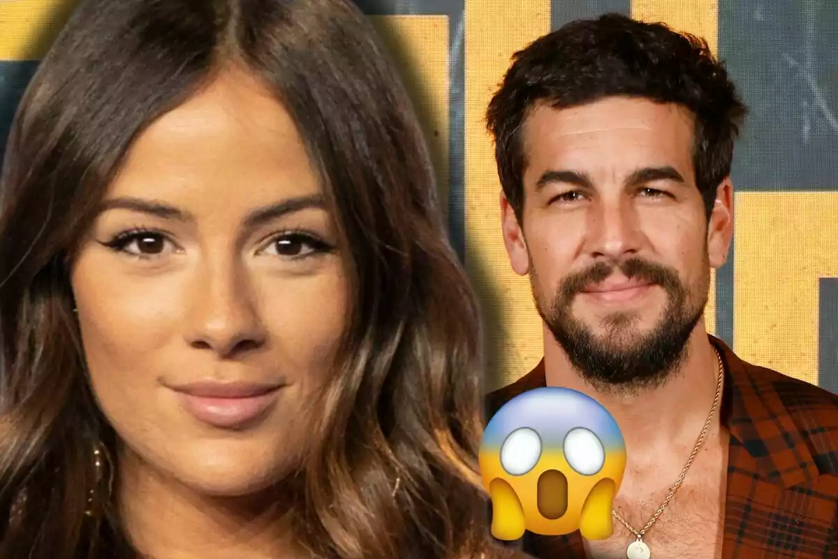 Melyssa Pinto i Mario Casas posant davant d’un fons groc amb un emoji de sorpresa en primer pla