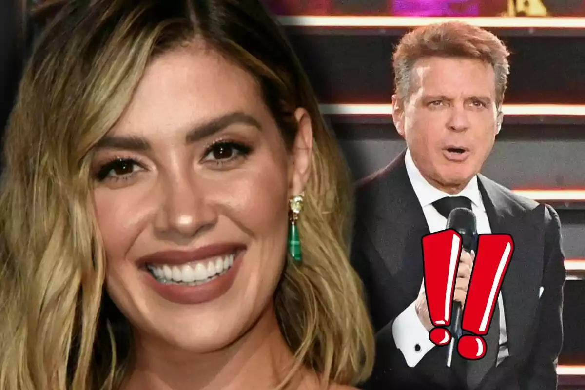 Michelle Salas somrient amb cabell ros i Luis Miguel en vestit sostenint un micròfon amb signes d'exclamació vermells superposats.