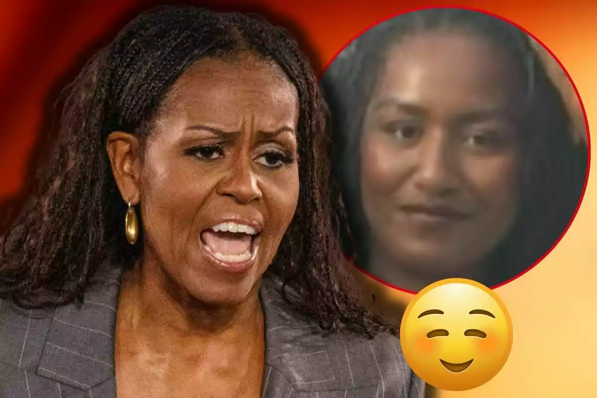 Michelle Obama with a serious expression in the foreground, with a circle showing Sasha Obama's face in the background and a smiling emoji in the bottom right corner