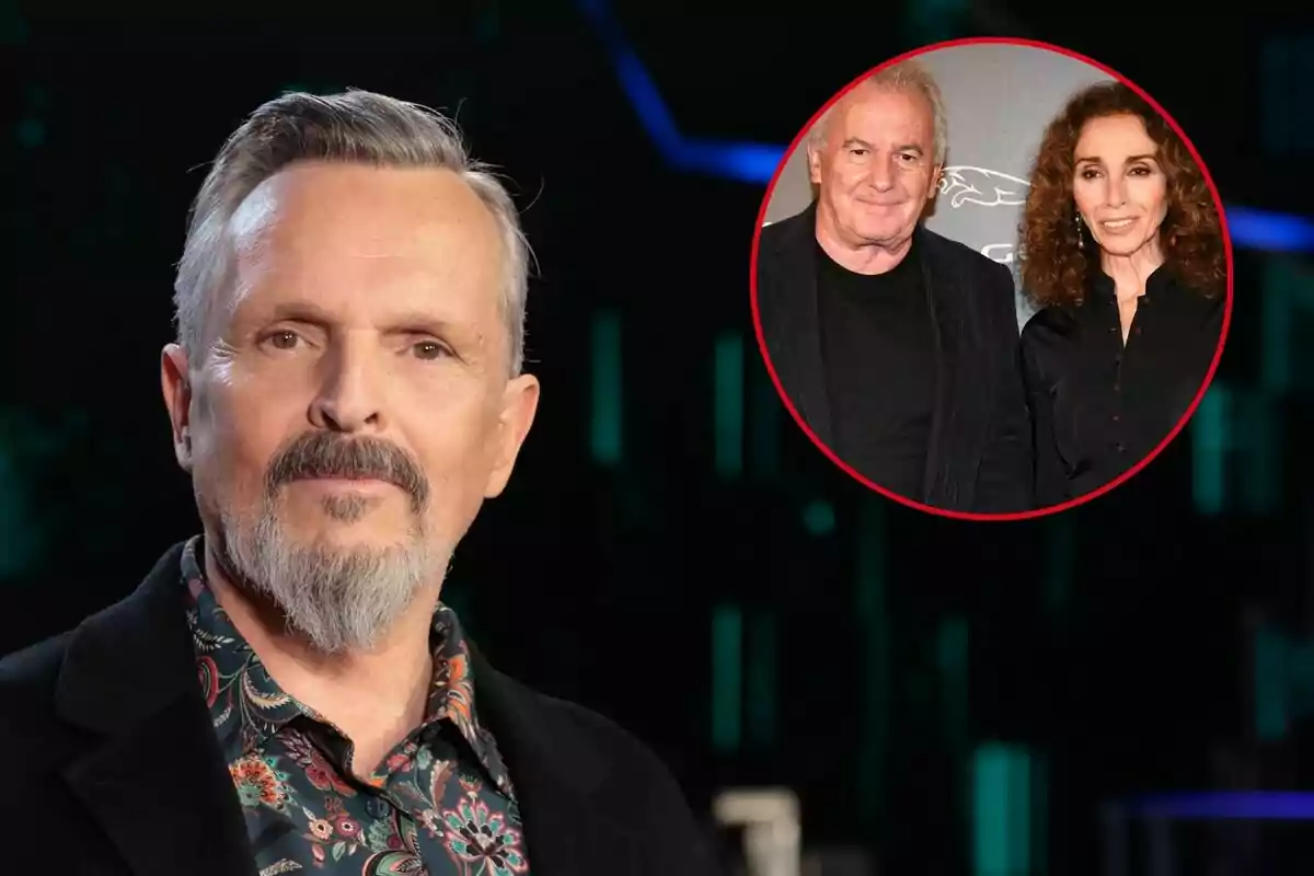 Miguel Bosé apareix en primer pla, mentre que en un cercle vermell a la cantonada superior dreta es mostra Víctor Manuel i Ana Belén posant junts.