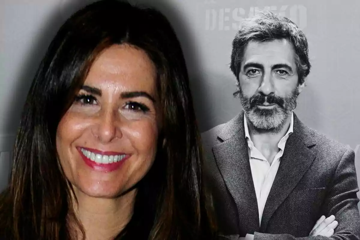 Nuria Roca i Juan del Val somrient en primer pla i un home amb barba en segon pla en blanc i negre.