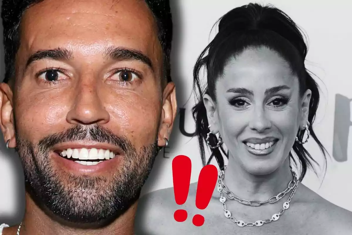 Omar Sánchez i Anabel Pantoja somrients, una en color i l'altra en blanc i negre, amb signes d'exclamació vermells al centre.