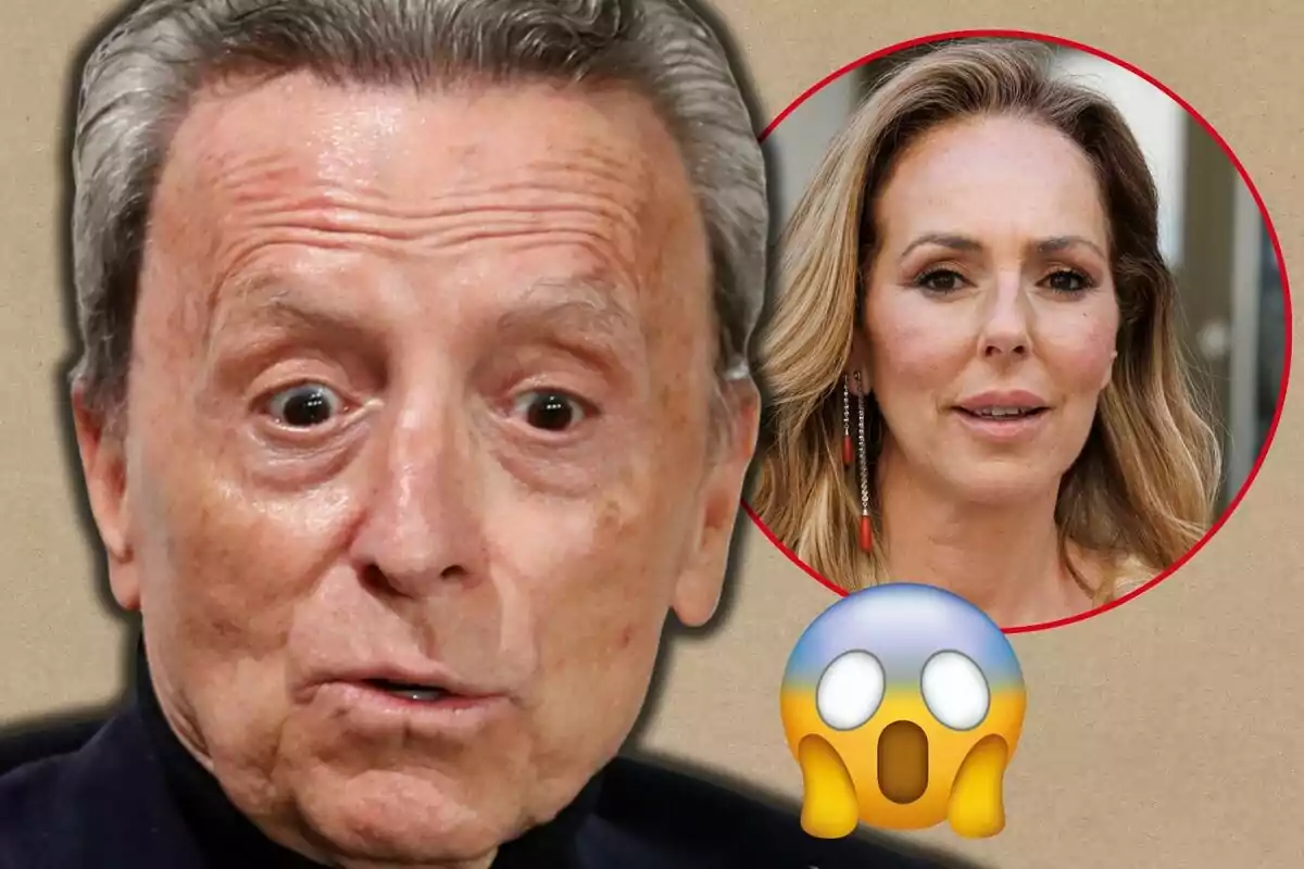 Primer pla d'Ortega Cano amb expressió de sorpresa, Rocío Carrasco en un cercle vermell al fons i un emoji de cara espantada a la cantonada.