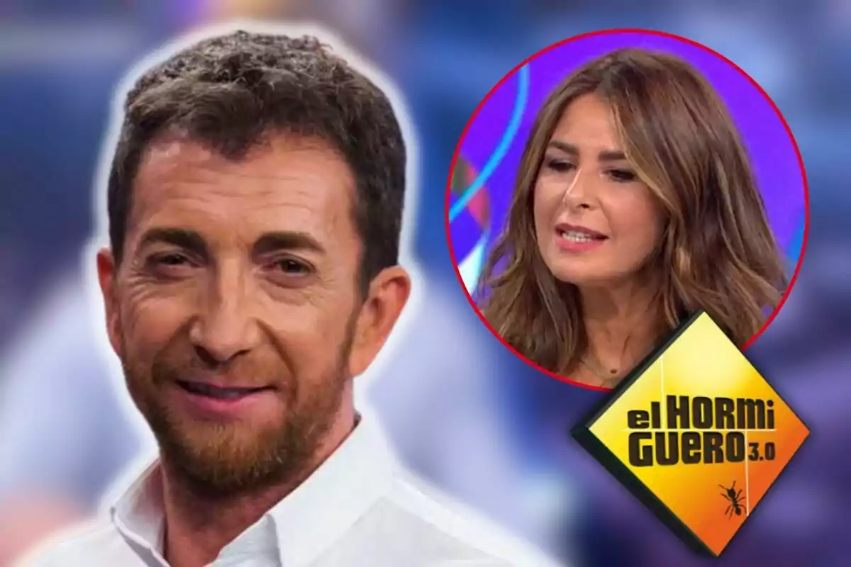 Pablo Motos somrient amb barba i cabell curt al costat de Nuria Roca en un requadre circular amb el logotip de "El Hormiguero 3.0" a la cantonada.