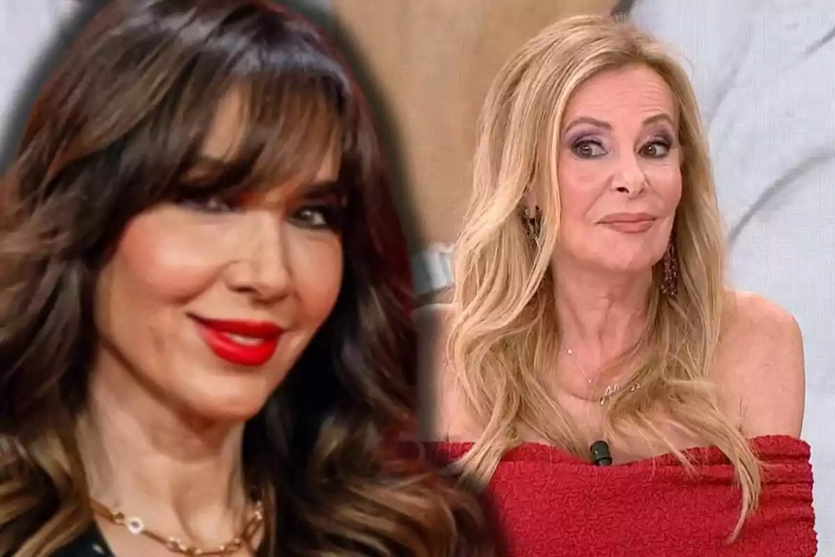 Paloma Lago i Ana Obregón, una de cabells castanys i llavis vermells en primer pla i l’altra de cabells rossos i vestit vermell en segon pla, ambdues posant davant de la càmera.